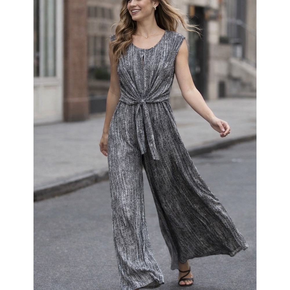 Connected Apparel Jumpsuit Women Size 12 Silver Metallic Good Tie Waist Wide Leg